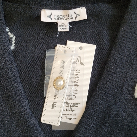 Nanette Lepore Heart Print Cardigan Black White Pearl Button XL Romantic Chic - Picture 8 of 17